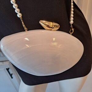 Clamshell Clutch Elegant White and Gold Acrylic with Pearl Shoulder Strap